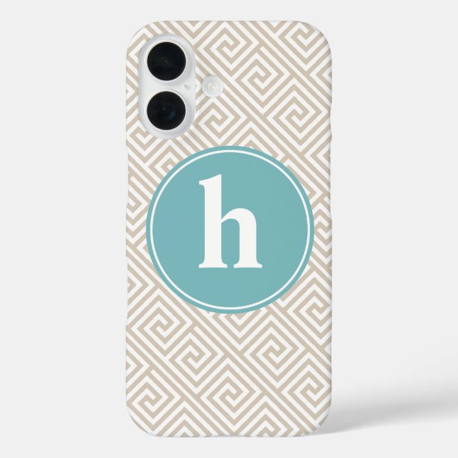 Tan & Aqua Greek Key Pattern Monogram Case-Mate iPhone Case (Back)