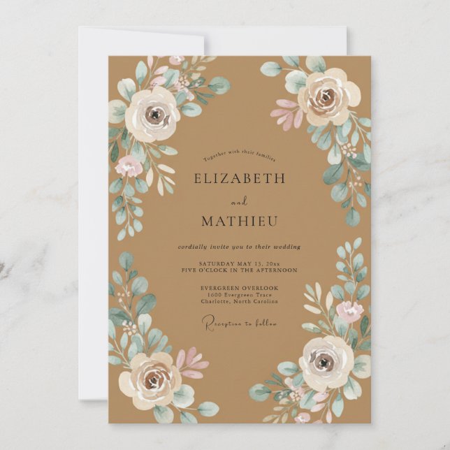 Tan Aqua Leafy Wedding Invitation (Front)