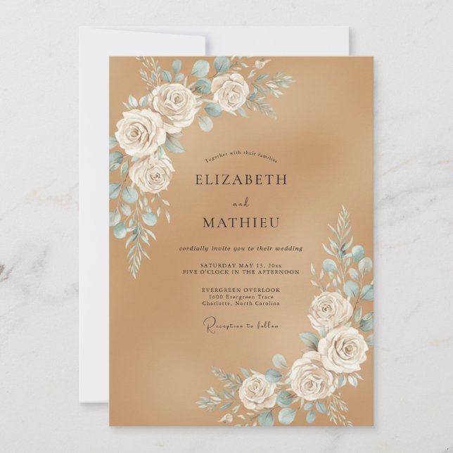 Tan Aqua Rose Wedding Invitation (Front)