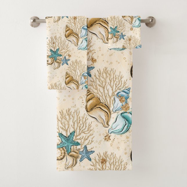 TAN & AQUA TURQUOISE SEASHELLS BATH TOWEL SET (Insitu)