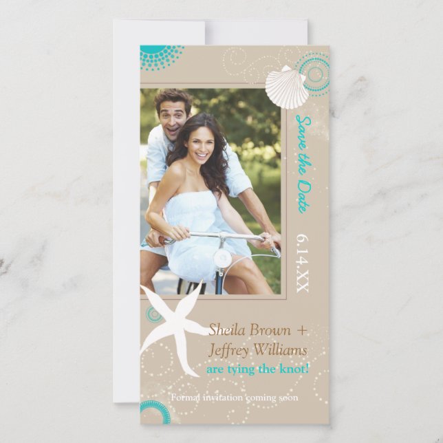 Tan Aqua White Beach Photo Wedding Save the Date (Front)