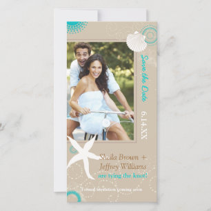 Tan Aqua White Beach Photo Wedding Save the Date