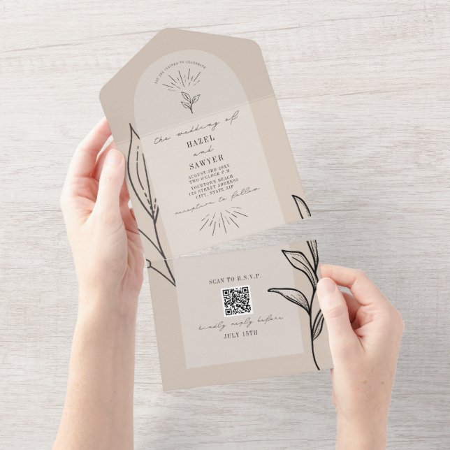 Tan Arch Wedding QR RSVP All In One Invitation (Tearaway)
