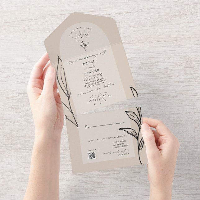 Tan Arch Wedding RSVP QR All In One Invitation (Tearaway)