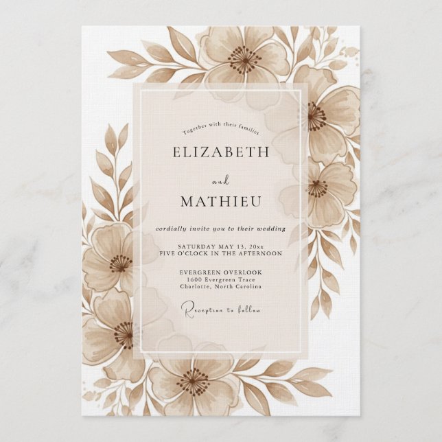 Tan Artistic Blossom Wedding Invitation (Front)