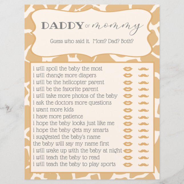 Tan Baby Giraffe Baby Shower Game Who Said It (Front)