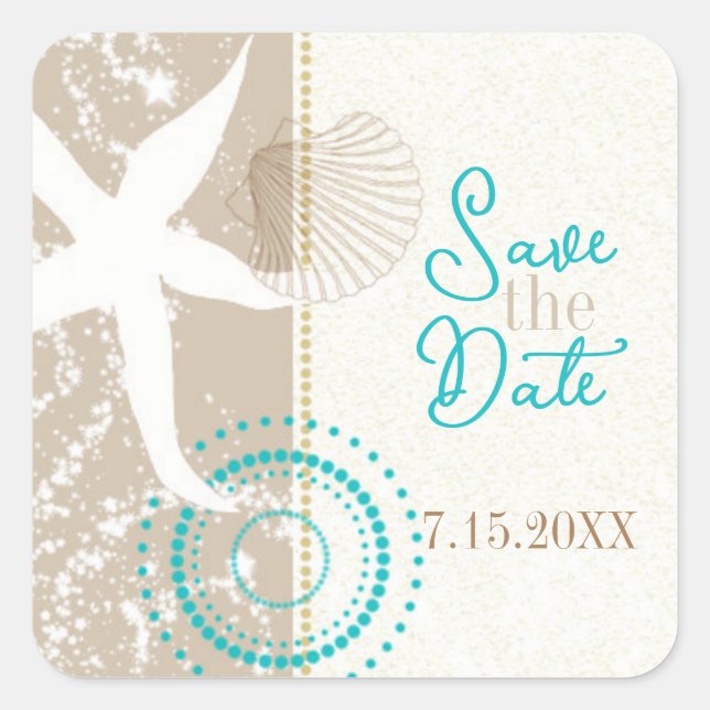 Tan Beige Beach Wedding Save the Date Square Sticker (Front)