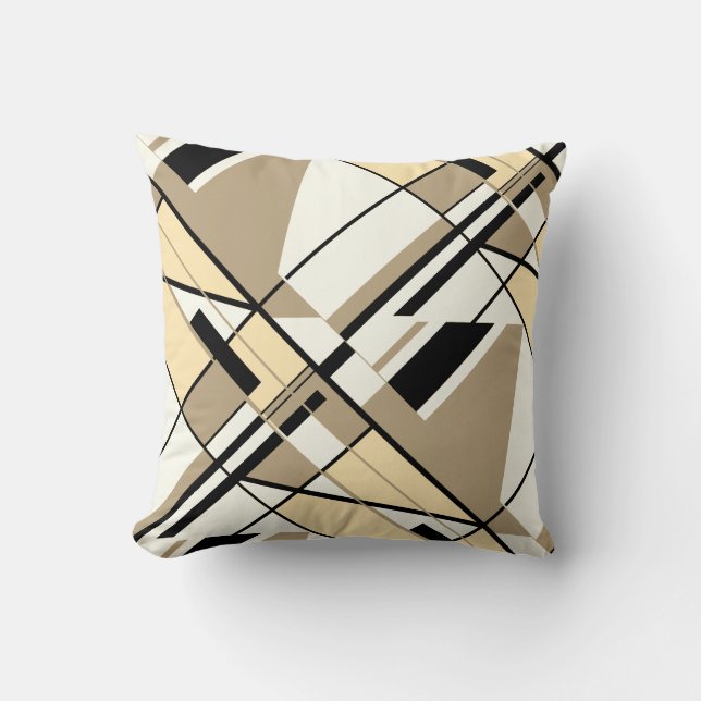 Tan, Beige, Black, White Diagonal Abstract Design Cushion (Front)