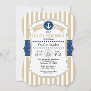 Tan Beige Blue Nautical Baby Shower Invitation