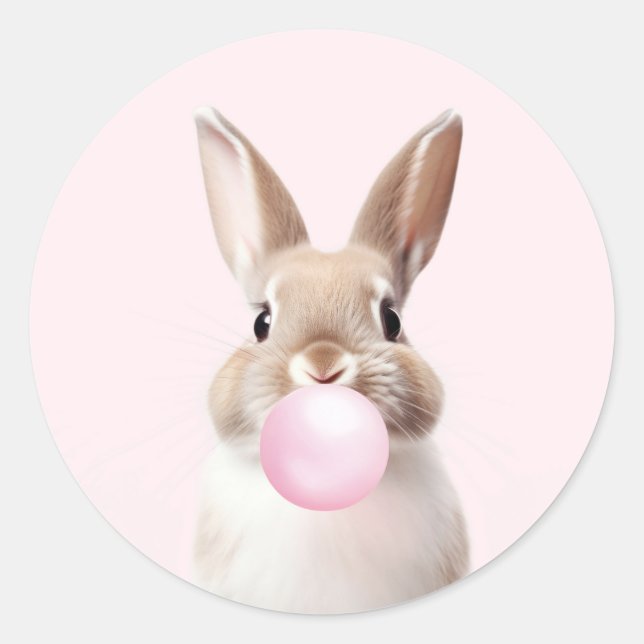 Tan Beige Bunny Blowing Pink Bubble Gum  Classic Round Sticker (Front)