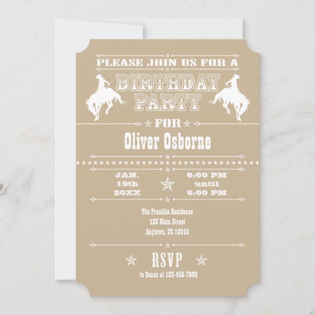 Tan Beige Cowboy Rodeo Birthday Party Invitation (Front)