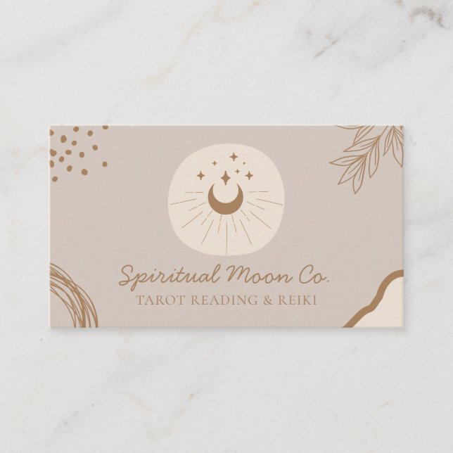 Tan Beige Earth Tone Moon Stars Spiritual Reiki Business Card (Front)
