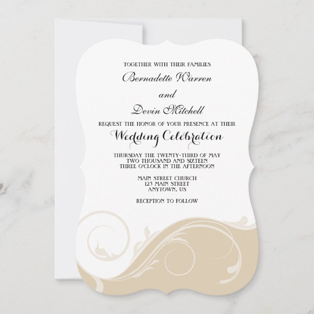 Tan Beige Floral Swirl Bracket Wedding Invites (Front)