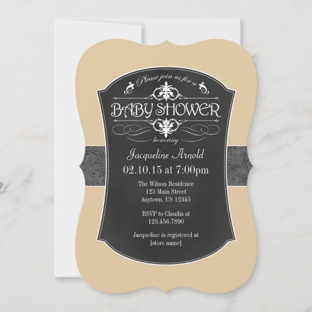 Tan Beige Grey Chalkboard Baby Shower Invitation (Front)