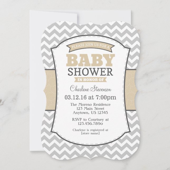 Tan Beige Grey Chevron Baby Shower Invitation (Front)