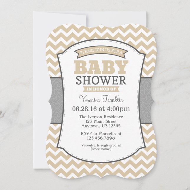 Tan Beige Grey Chevron Baby Shower Invitation (Front)