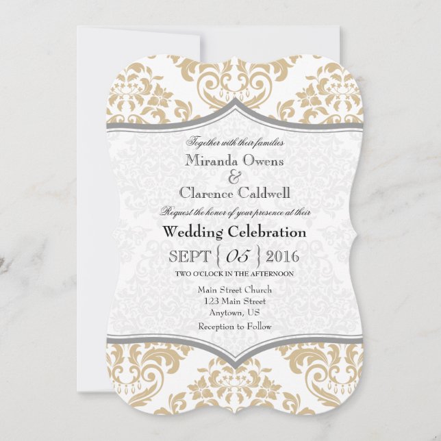 Tan Beige Grey Damask Bracket Wedding Invite (Front)