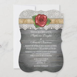 Tan Beige Grey Rustic Wood Rose Wedding Invite