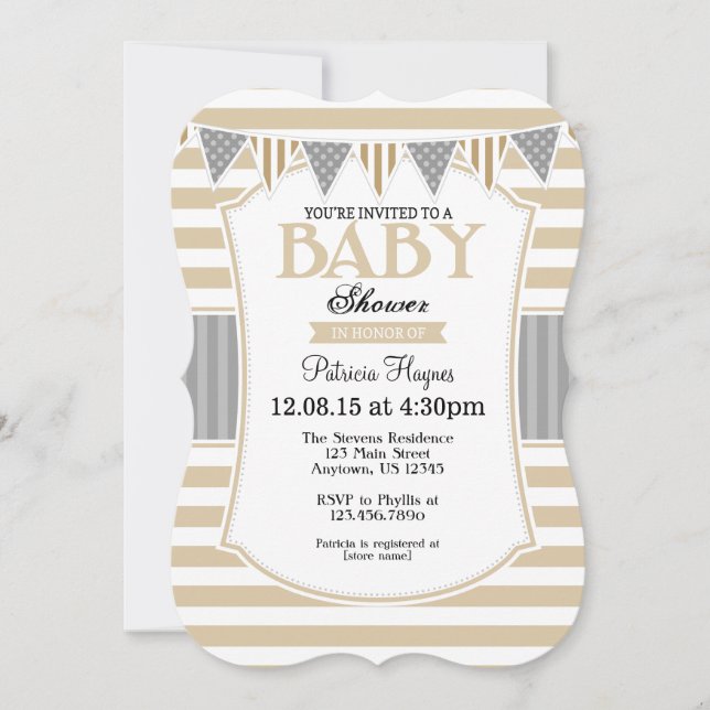 Tan Beige Grey Stripes Baby Shower Invitation (Front)