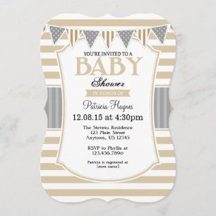 Tan Beige Grey Stripes Baby Shower Invitation