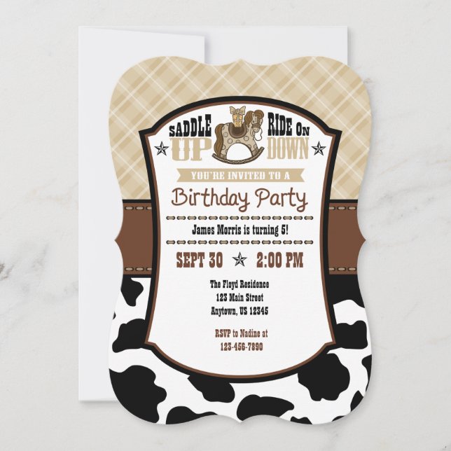 Tan Beige Plaid Cowhide Cowboy Birthday Invite (Front)