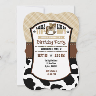 Tan Beige Plaid Cowhide Cowboy Birthday Invite