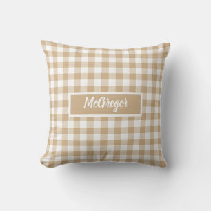 Tan Beige Plaid Gingham Personalized Cushion