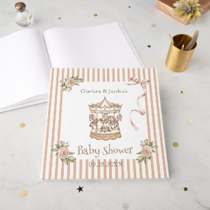 Tan-Beige Vintage Carousel Baby Shower Guest Book