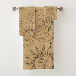 Tan Beige Vintage Celestial Sun Moon Stars Bath Towel Set