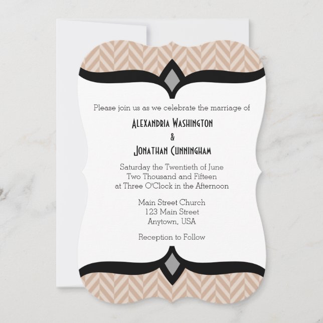 Tan Beige White Herringbone Wedding Invitation (Front)