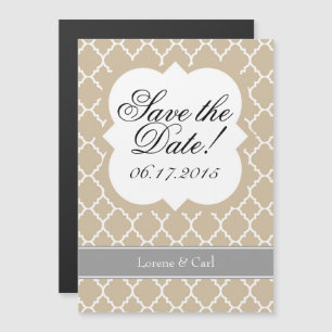 Tan Beige White Quatrefoil Save The Date Magnet