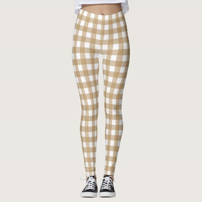 Tan Beige Women's Fashion Gingham Leggings  (Front)