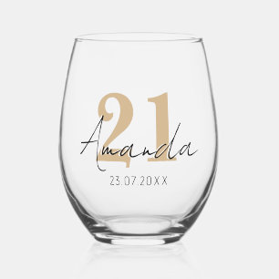 Tan Birthday Number Black 3D Name Date Stemless Wine Glass