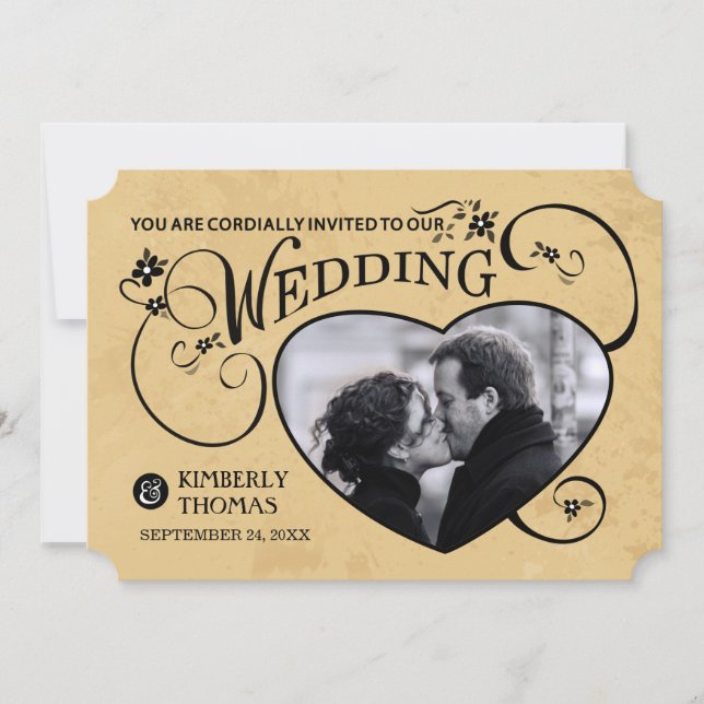 Tan & Black Custom Heart Photo Wedding Invitation (Front)