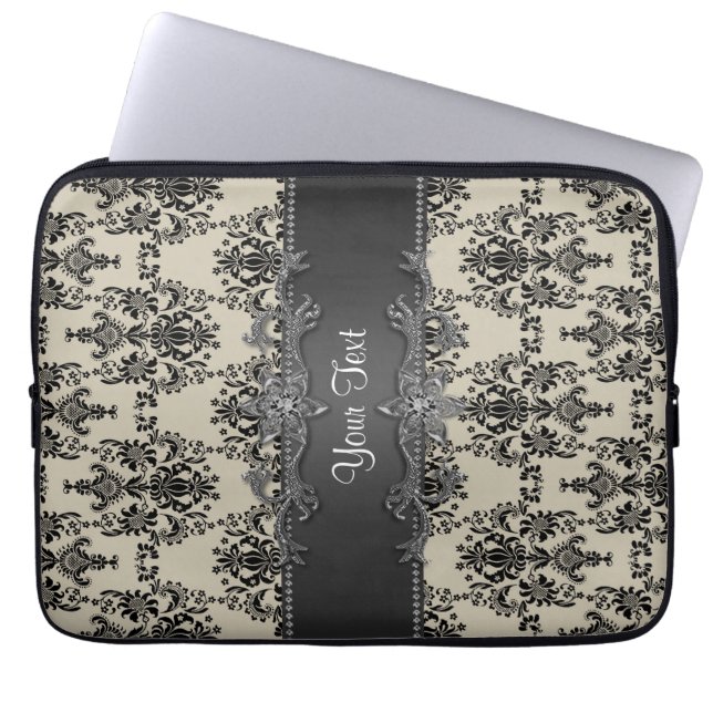 Tan Black Damask Personalised Laptop Sleeve (Front)