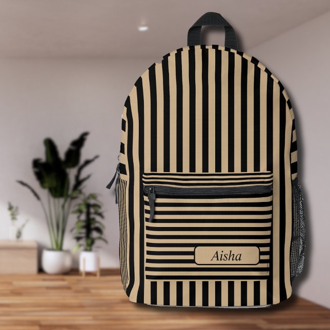 Tan Black Vintage Striped Name Printed Backpack (Creator Uploaded)