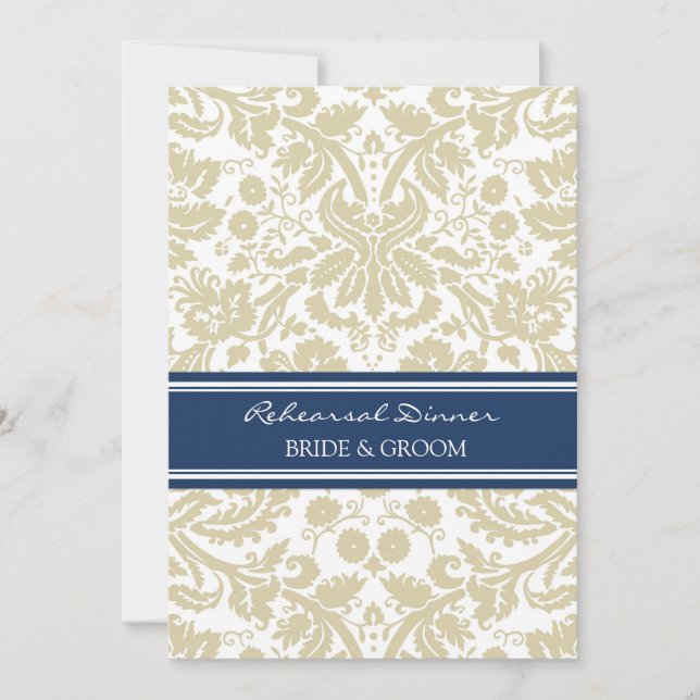 Tan Blue Damask Rehearsal Dinner Party Invitation (Front)