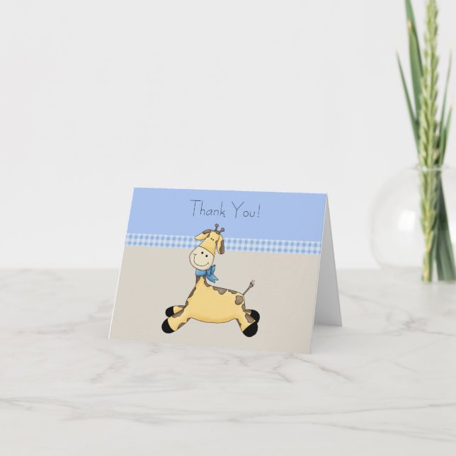 Tan Blue Giraffe Baby Boy Thank You Cards (Front)