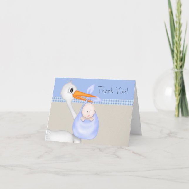 Tan Blue Stork Baby Boy Thank You Cards (Front)