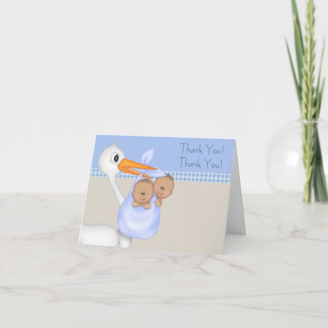 Tan Blue Stork Twin Baby Boy Thank You Cards (Front)