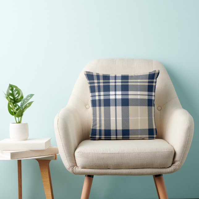 Tan Blue White Buffalo Plaid Rustic Farmhouse Cushion (Chair)