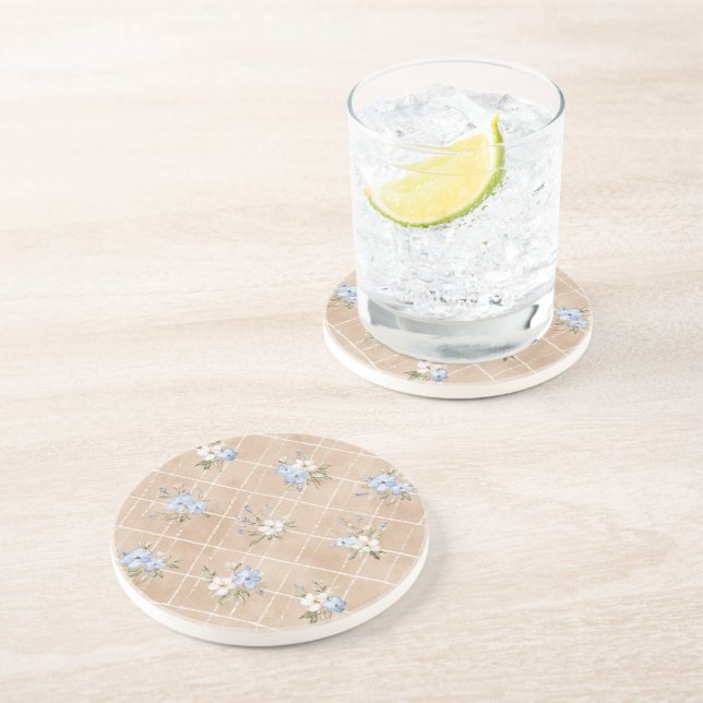 Tan Blue White Flowers Coaster (Side)