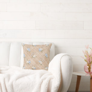 Tan Blue White Flowers Cushion