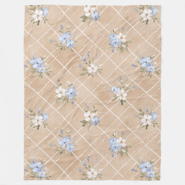 Tan Blue White Flowers Fleece Blanket (Front)