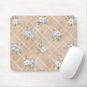 Tan Blue White Flowers Mouse Mat