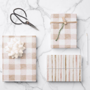 Tan Blush Cream Plaid Stripes Bridal Shower Wrapping Paper Sheet