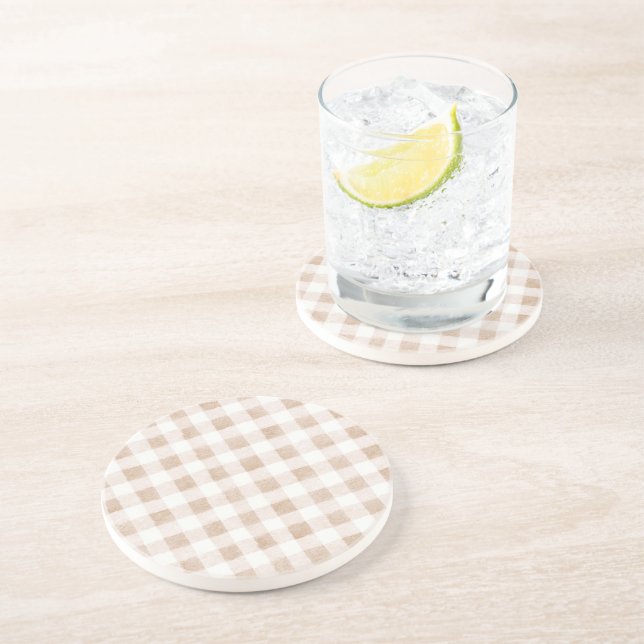 Tan Blush Cream Plaid Stripes Coaster (Side)