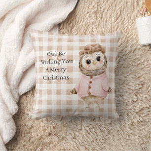 Tan Blush Cream Plaid Stripes Owl Christmas Cushion