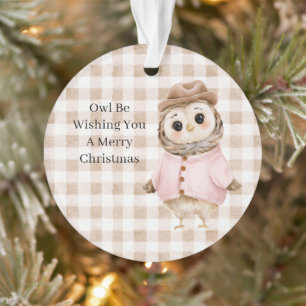 Tan Blush Cream Plaid Stripes Owl Christmas Ornament