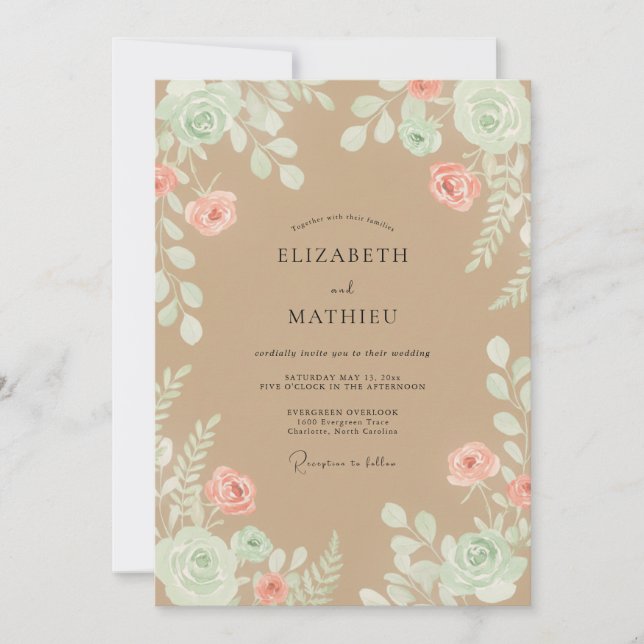 Tan Blush Leafy Wedding Invitation (Front)